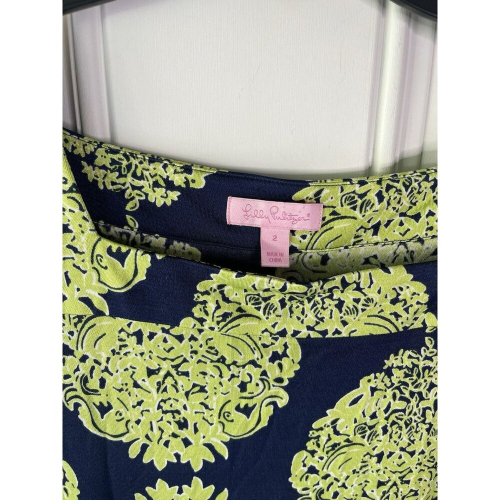 Lilly Pulitzer 100% Silk Womens Midi Dress 2 Navy Blue Green Resort Medallion - Picture 3 of 6